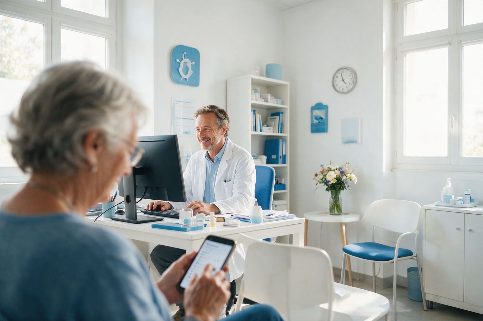 Médecin généraliste à son bureau, patiente âgée remplissant le questionnaire sur son téléphone