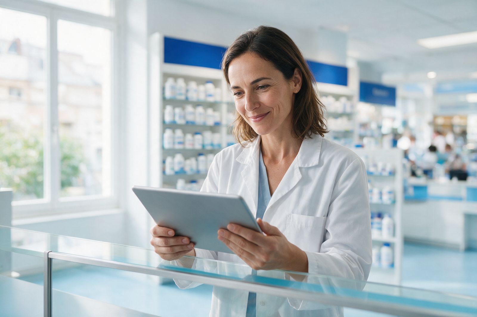Pharmacienne en officine consultant une tablette devant ses rayonnages